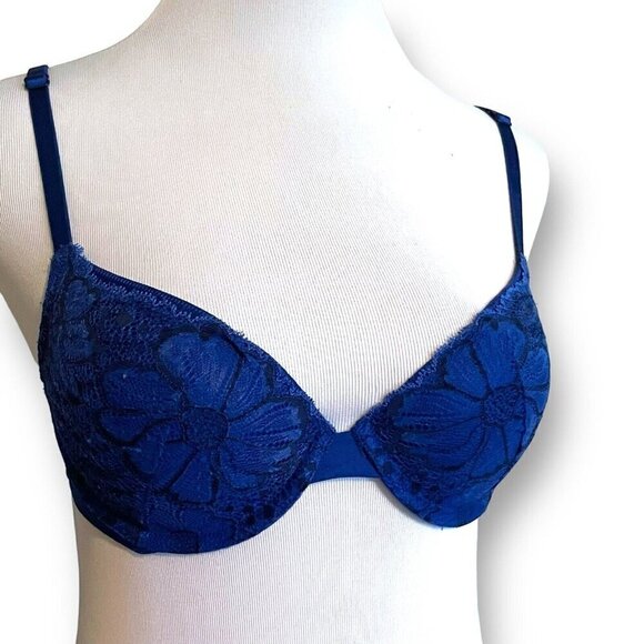 Victorias Secret 34B Demi Bra Blue Floral Lace Back Lightly Lined Underwire - Picture 3 of 7